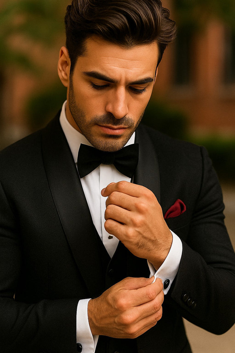 Men One Button Floral All Black Tuxedo with Shawl Lapel – 3 Piece