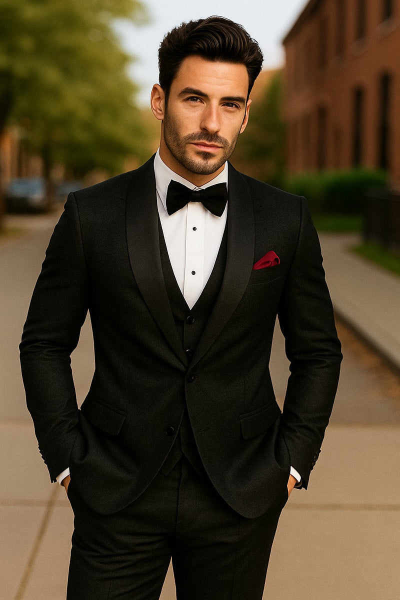Men One Button Floral All Black Tuxedo with Shawl Lapel – 3 Piece