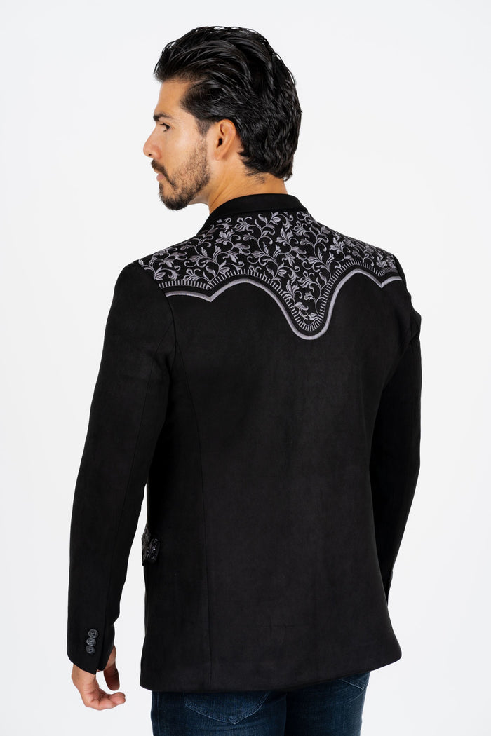 Men’s Black Faux Suede Embroidered Dinner Blazer – Modern Fit Formal Jacket