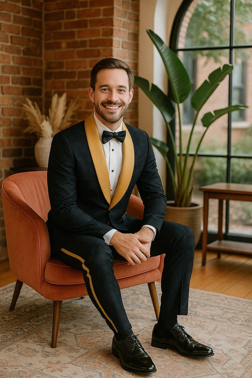 Men's Black and Gold Shawl Lapel Tuxedo with Jacquard Texture â€“ Wedding & Prom Suit