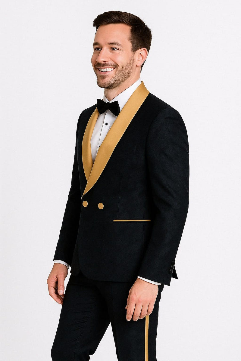 Men's Black and Gold Shawl Lapel Tuxedo with Jacquard Texture â€“ Wedding & Prom Suit