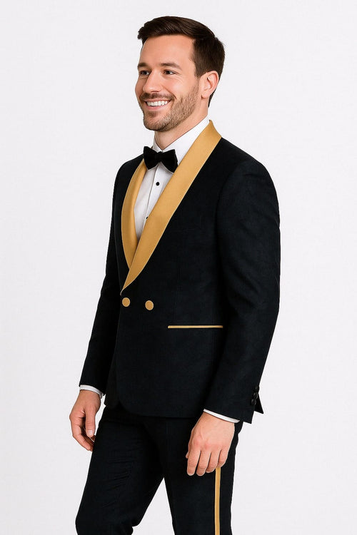 Men's Black and Gold Shawl Lapel Tuxedo with Jacquard Texture – Wedding & Prom Suit