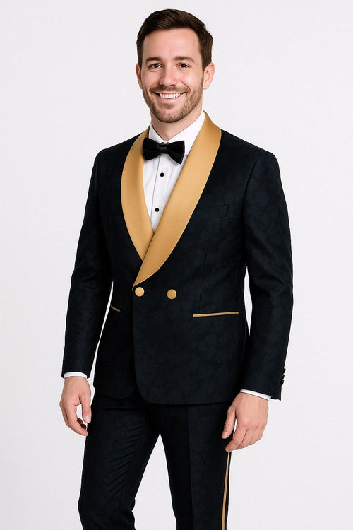 Men's Black and Gold Shawl Lapel Tuxedo with Jacquard Texture â€“ Wedding & Prom Suit