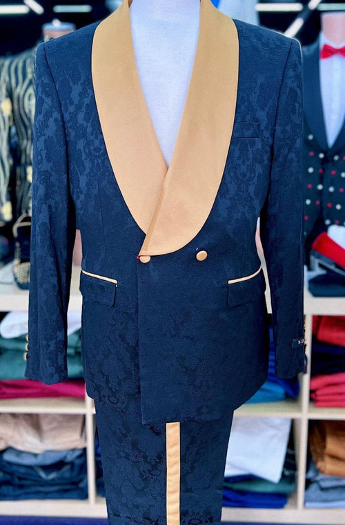 Men's Black and Gold Shawl Lapel Tuxedo with Jacquard Texture â€“ Wedding & Prom Suit
