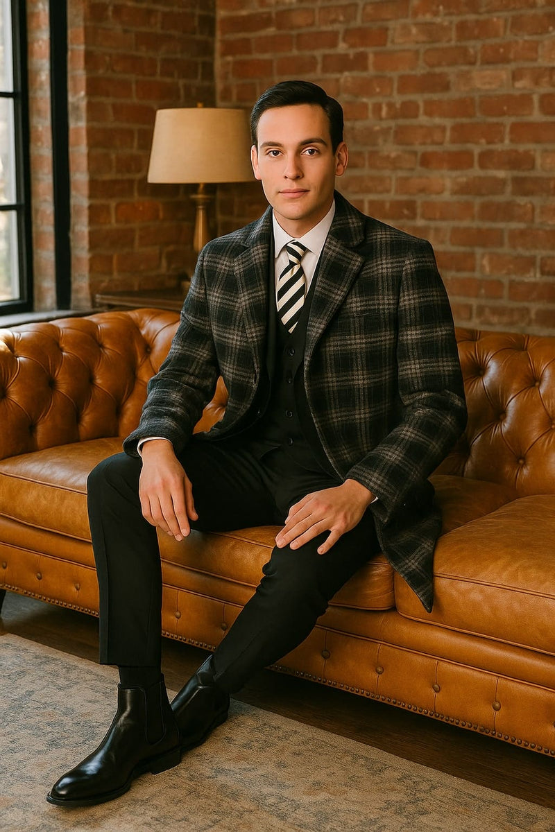 Men's Black and White Windowpane Plaid Overcoat â€“ Classic Full Length Wool Blend Dress Coat