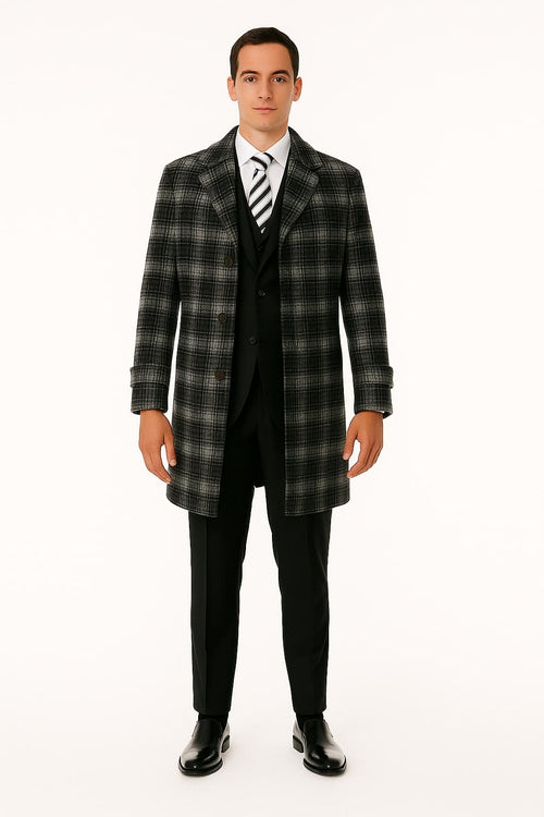 Men's Black and White Windowpane Plaid Overcoat â€“ Classic Full Length Wool Blend Dress Coat