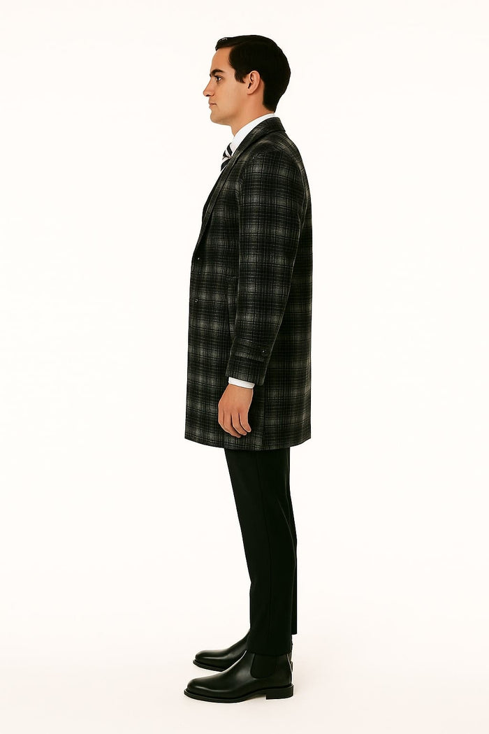 Men's Black and White Windowpane Plaid Overcoat â€“ Classic Full Length Wool Blend Dress Coat