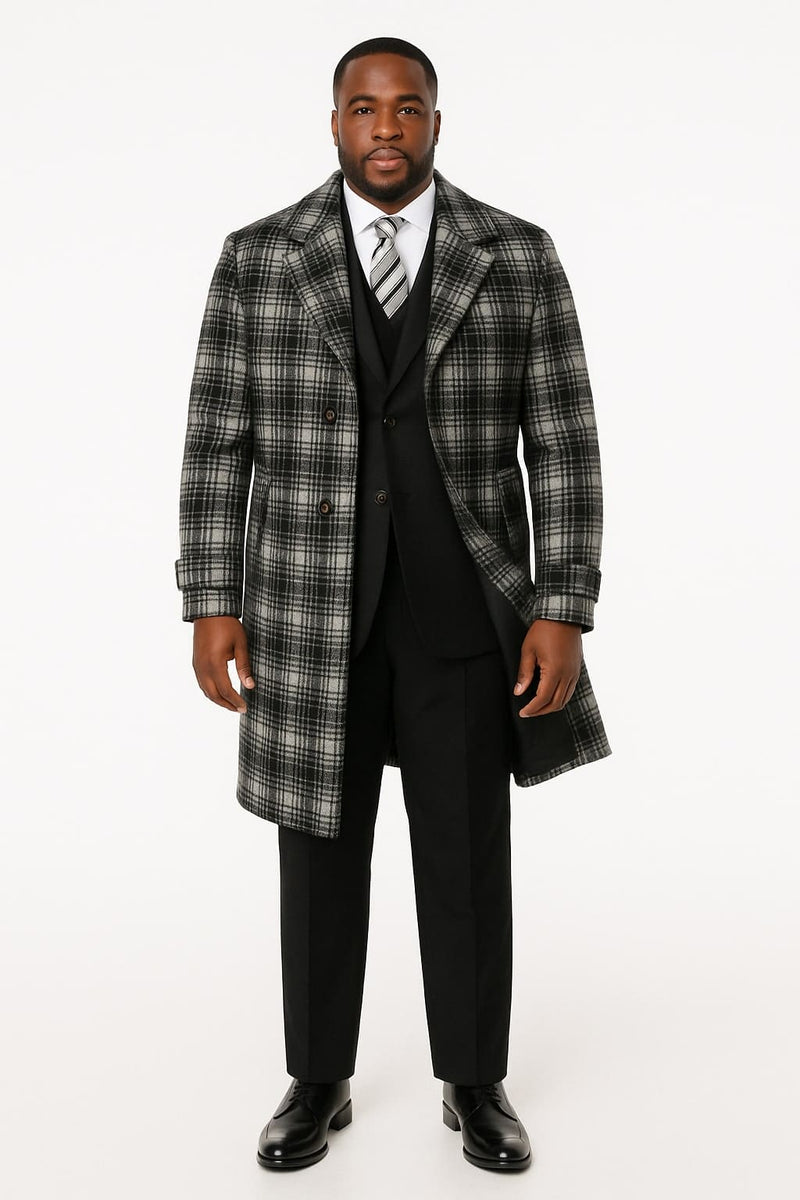 Men's Black and White Windowpane Plaid Overcoat â€“ Classic Full Length Wool Blend Dress Coat