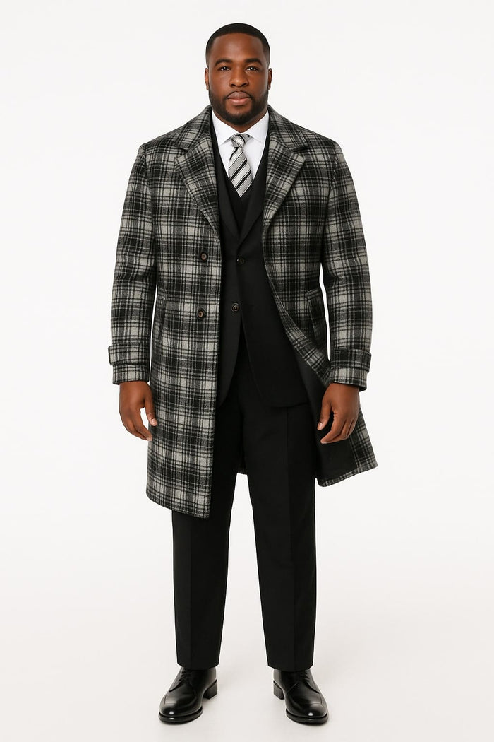 Men's Black and White Windowpane Plaid Overcoat â€“ Classic Full Length Wool Blend Dress Coat