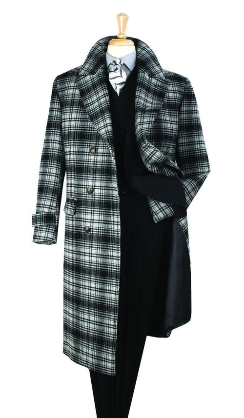 Men's Black and White Windowpane Plaid Overcoat â€“ Classic Full Length Wool Blend Dress Coat