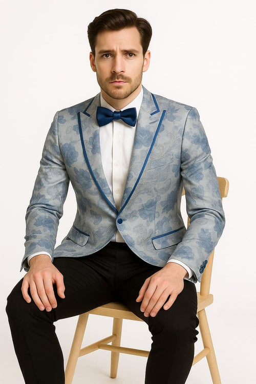 Men's Blue and Gray Tuxedo - Sky Blue Paisley Embroidered Dinner Jacket  Jacket with Satin Trim and Matching Bow Tie