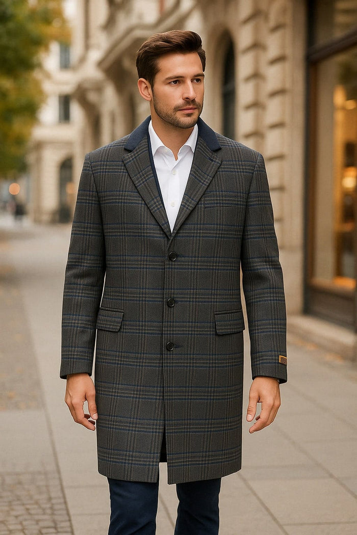 Mens Blue and Grey Glen Plaid Wool Overcoat - Classic Long Winter Coat - Chesterfield Blue Collar