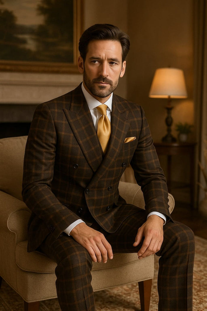Men's Brown Plaid Double-Breasted Wool Suit â€“ Classic Windowpane Two-Piece Formal Suit By Rossiman