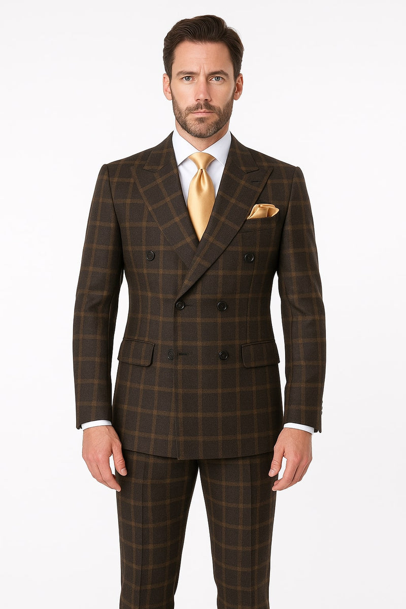 Rossiman Classic Wool Suit â€“ Brown Windowpane Plaid Double-Breasted Formalwear