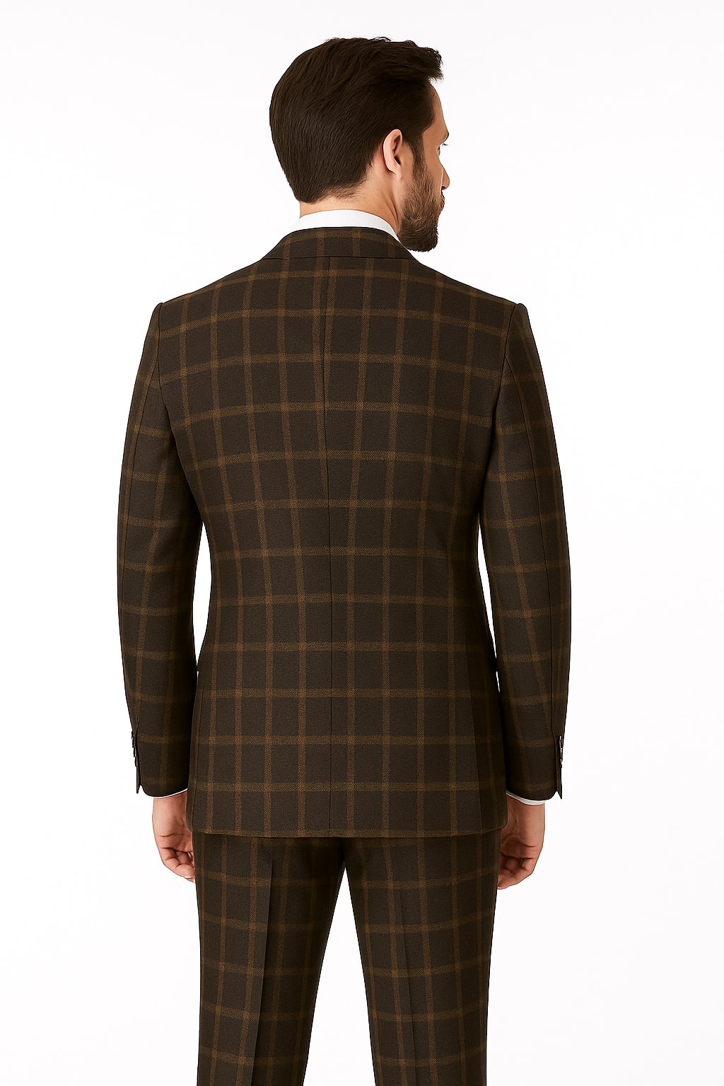 Rossiman Classic Wool Suit – Brown Windowpane Plaid Double-Breasted Formalwear