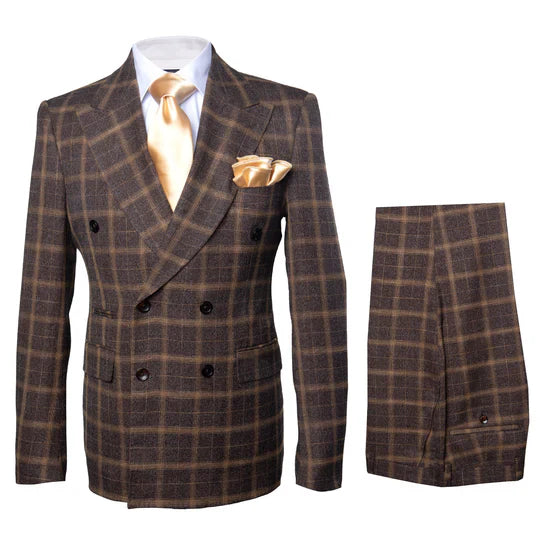 Rossiman Classic Wool Suit – Brown Windowpane Plaid Double-Breasted Formalwear