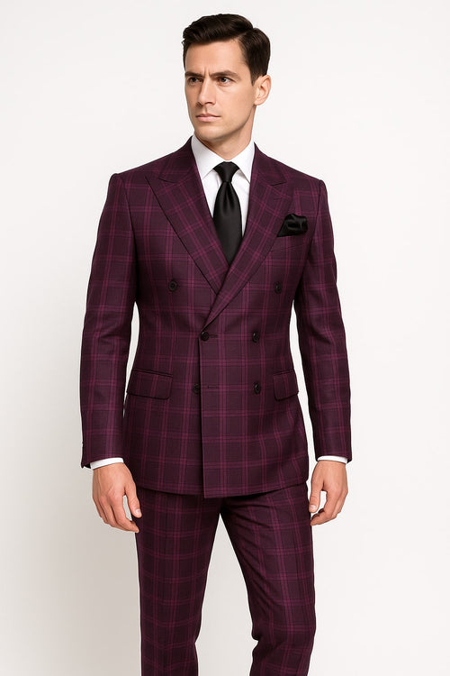 Burgundy Plaid Suit for Men â€“ Rossiman Double-Breasted Windowpane Two-Piece