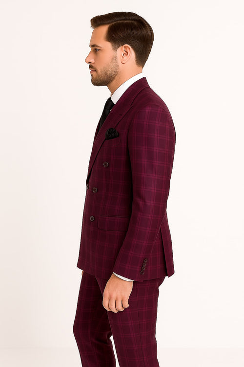 Burgundy Plaid Suit for Men â€“ Rossiman Double-Breasted Windowpane Two-Piece