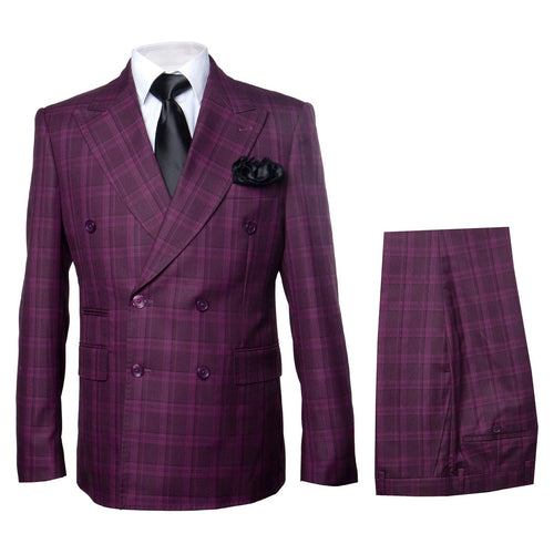 Men's Burgundy Plaid Double-Breasted Suit â€“ Classic Windowpane Formal Two-Piece Suit By Rossiman