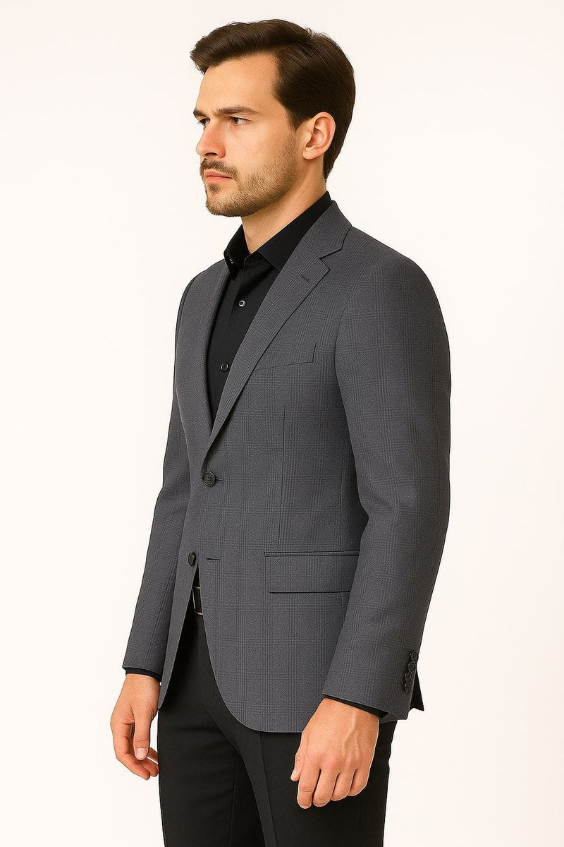 Men's Charcoal Grey Checkered Sport Coat â€“ Classic Plaid Windowpane Pattern Blazer
