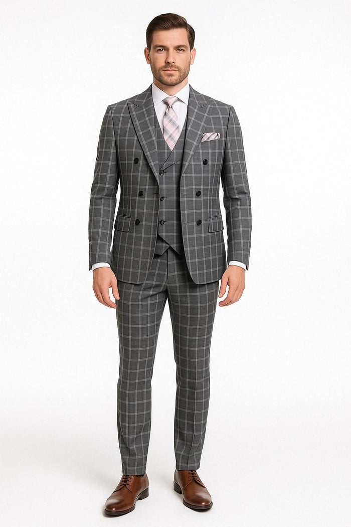 Mens Gray Checkered 3 Piece Double-Breasted Sui - Slim Fit Formal Outfit - Vested Glend Plaid Pattern Checkered
