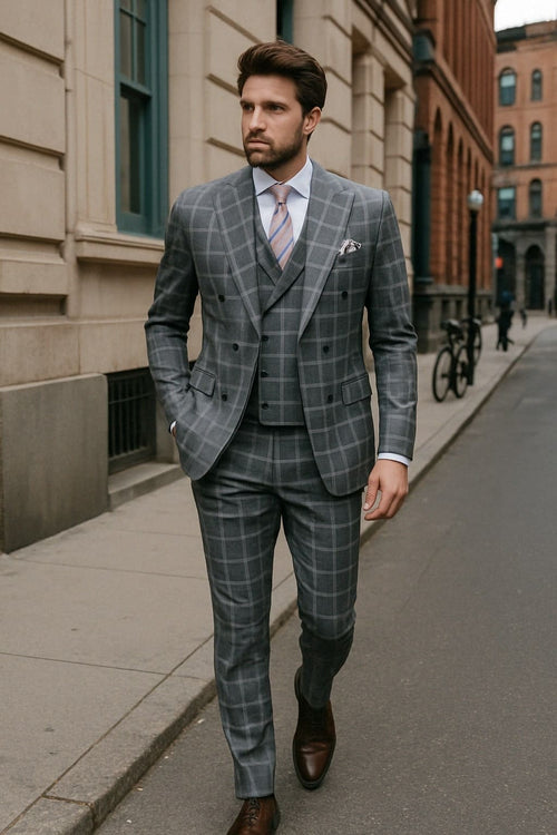 Menâ€™s Gray Checkered 3 Piece Double-Breasted Suit â€“ Slim Fit Formal Outfit - Vested Glend Plaid Pattern Checkered