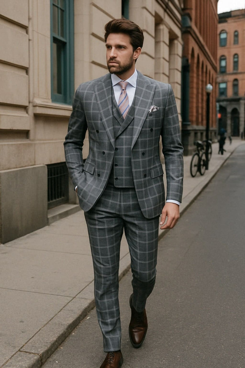 Mens Gray Checkered 3 Piece Double-Breasted Sui - Slim Fit Formal Outfit - Vested Glend Plaid Pattern Checkered