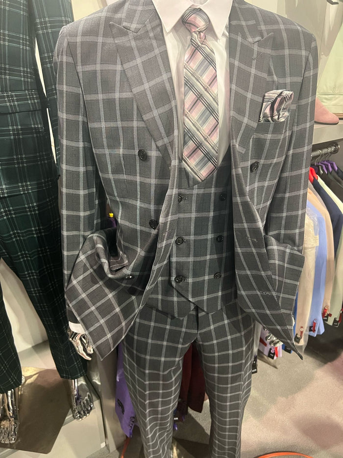 Mens Gray Checkered 3 Piece Double-Breasted Sui - Slim Fit Formal Outfit - Vested Glend Plaid Pattern Checkered