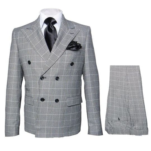 Men's Grey Glen Plaid Double-Breasted Suit â€“ Classic Prince of Wales Check Two-Piece Set By Rossiman
