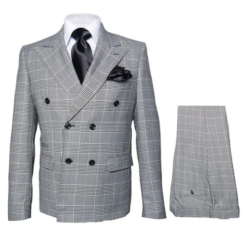 Grey Prince of Wales Check Suit â€“ Rossiman Glen Plaid Double-Breasted Two-Piece for Men