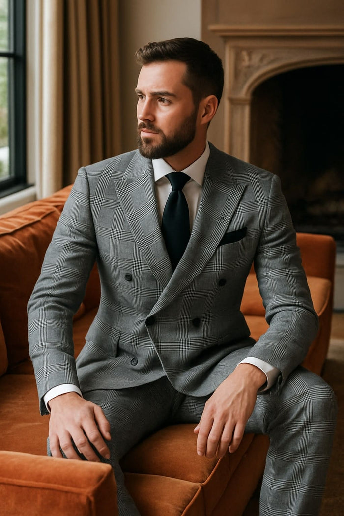 Men's Grey Glen Plaid Double-Breasted Suit Classic Prince of Wales Check Two-Piece Set By Rossiman