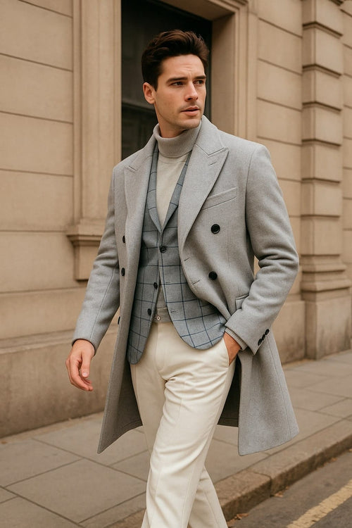 Men's Light Gray Double-Breasted Overcoat - Wool Fabric By Alberto Nardoni