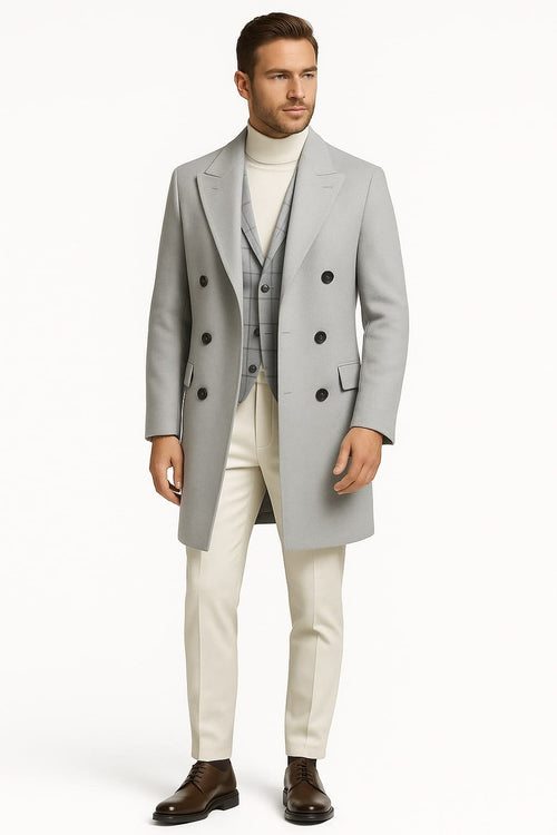 Men's Light Gray Double-Breasted Overcoat - Wool Fabric By Alberto Nardoni
