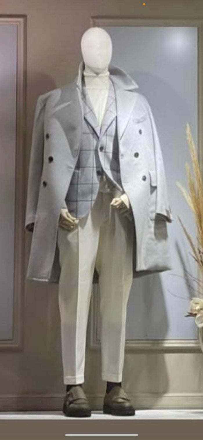 Men's Light Gray Double-Breasted Overcoat - Wool Fabric By Alberto Nardoni