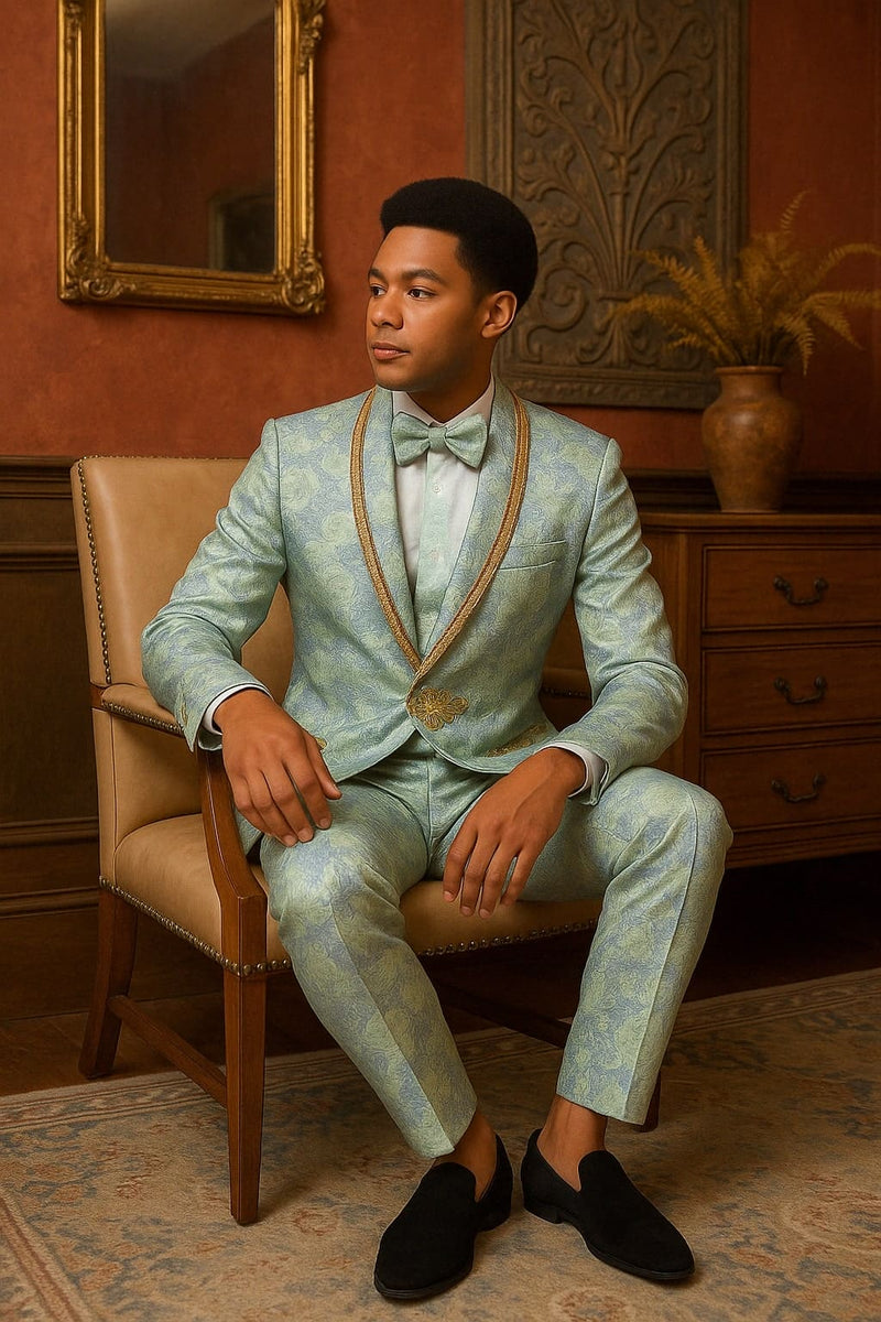 Men's Mint Green - Sage and Gold Trim Collar Floral Brocade Blazer with Gold Embellishments Prom Suit | Alberto Nardoni Men's Mint Green - Sage and Gold Trim Collar Floral Brocade Blazer with Gold Embellishments Prom Suit | Alberto Nardoni