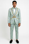 Men's Mint Green - Sage and Gold Trim Collar Floral Brocade Blazer with Gold Embellishments Prom Suit