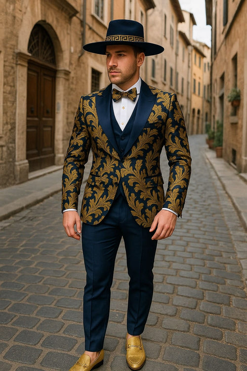 Men's Navy Blue and Gold Baroque Tuxedo Suit with Matching Vest and Bow Tie - Luxury Formalwear