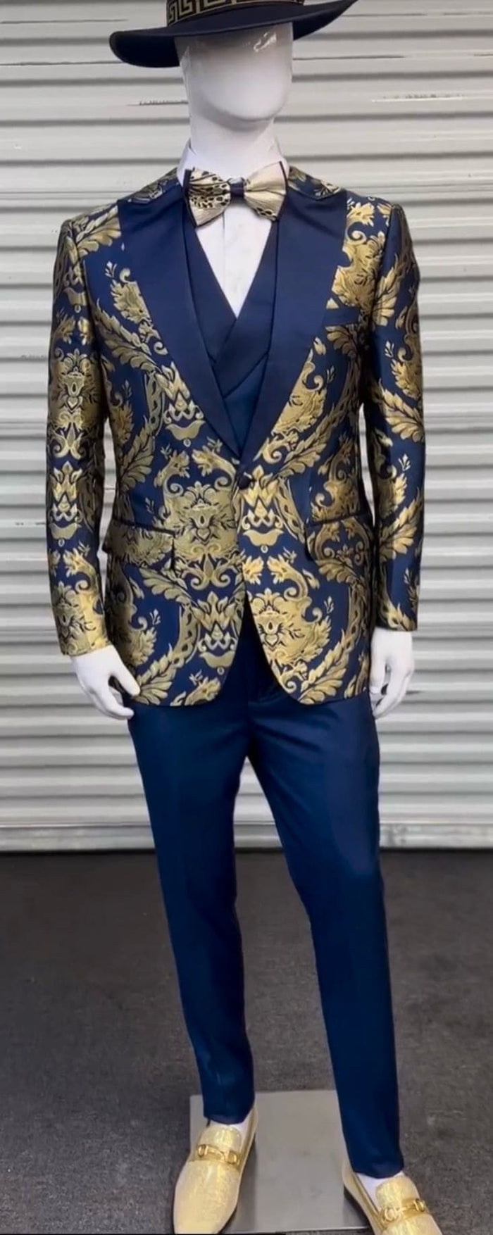 Men’s Navy Blue and Gold Baroque Suit with Matching Vest and Bow Tie – Luxury Formalwear