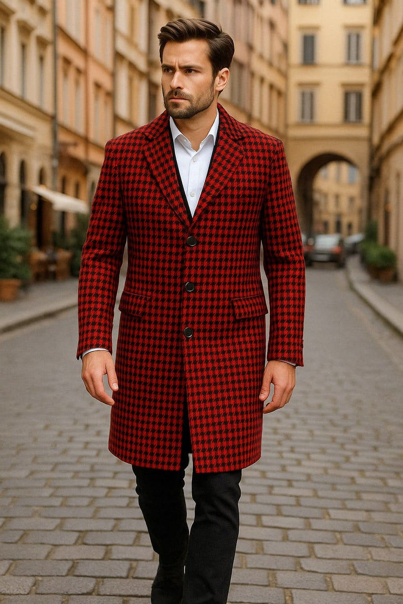 Mens Red and Black Houndstooth Overcoat - Classic Wool Long Coat - Christmas Tartan Coat