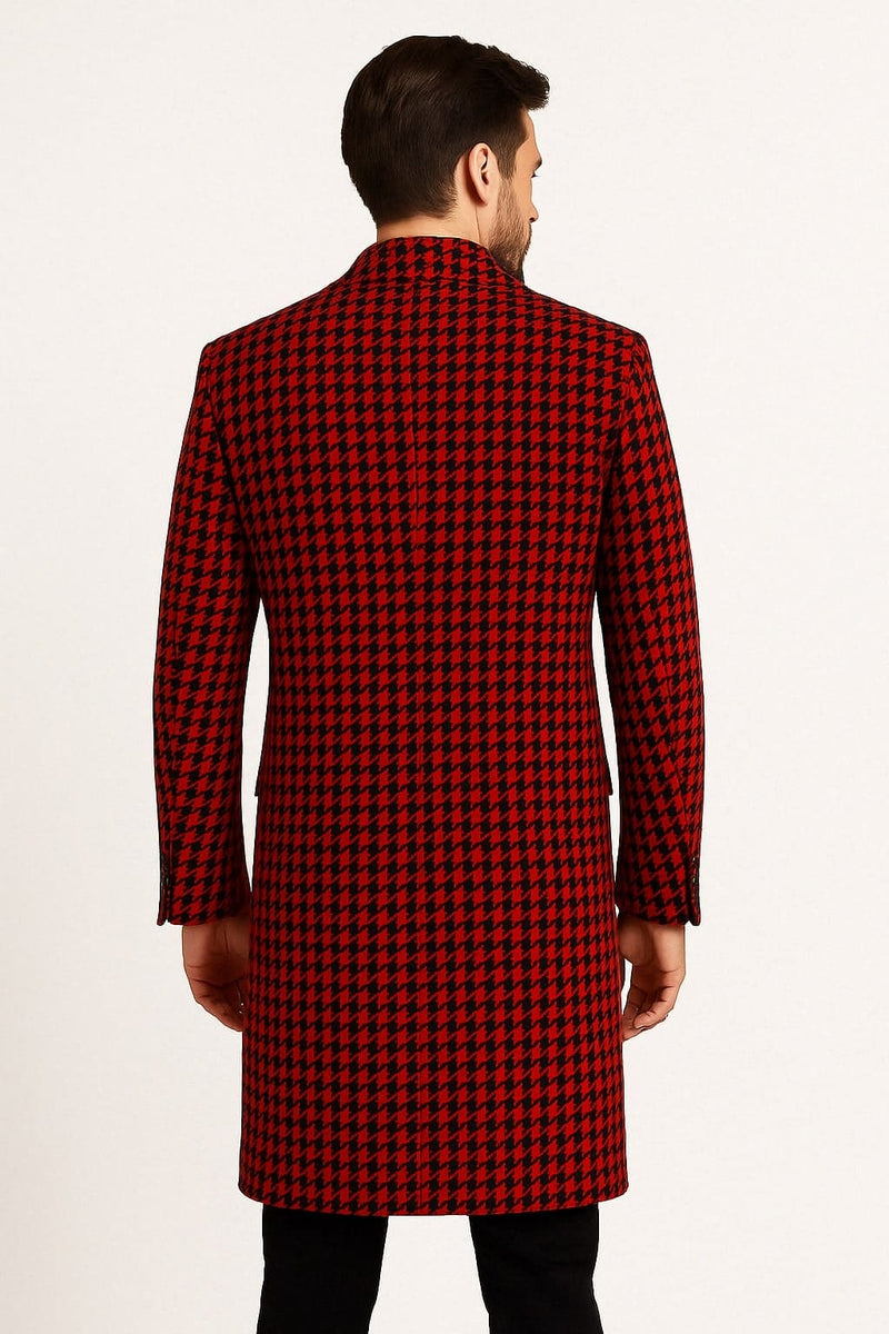 Mens Red and Black Houndstooth Overcoat - Classic Wool Long Coat - Christmas Tartan Coat
