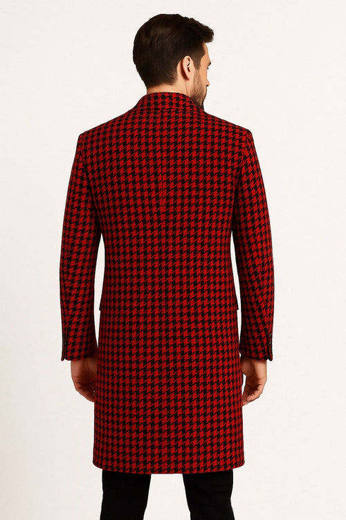 Men’s Red and Black Houndstooth Overcoat – Classic Wool Long Coat - Christmas Tartan Coat