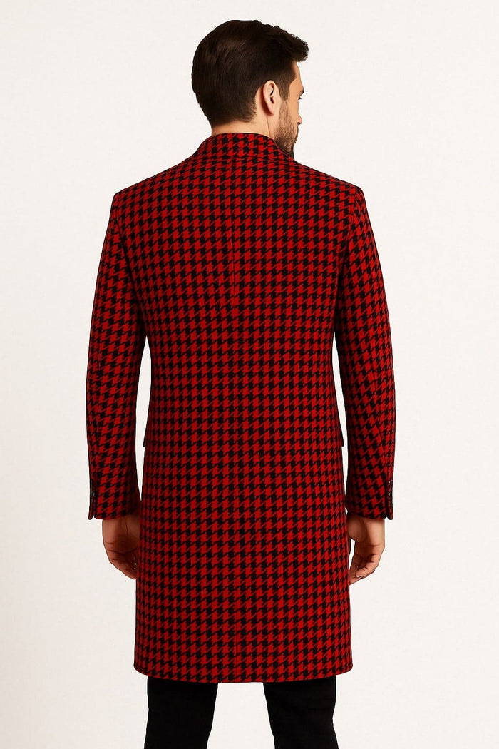 Mens Red and Black Houndstooth Overcoat - Classic Wool Long Coat - Christmas Tartan Coat
