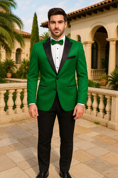 Men's Sateen Emerlad Green Tuxedo Jacket with Black Satin Lapel and Bow Tie â€“ Slim Fit Prom and Party Blazer