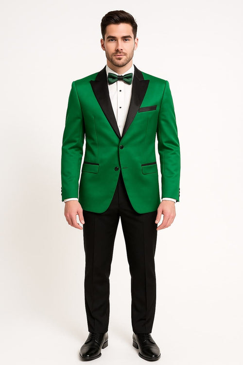 Men's Sateen Emerlad Green Tuxedo Jacket with Black Satin Lapel and Bow Tie â€“ Slim Fit Prom and Party Blazer