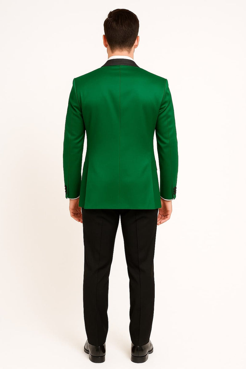 Men's Sateen Emerlad Green Tuxedo Jacket with Black Satin Lapel and Bow Tie â€“ Slim Fit Prom and Party Blazer
