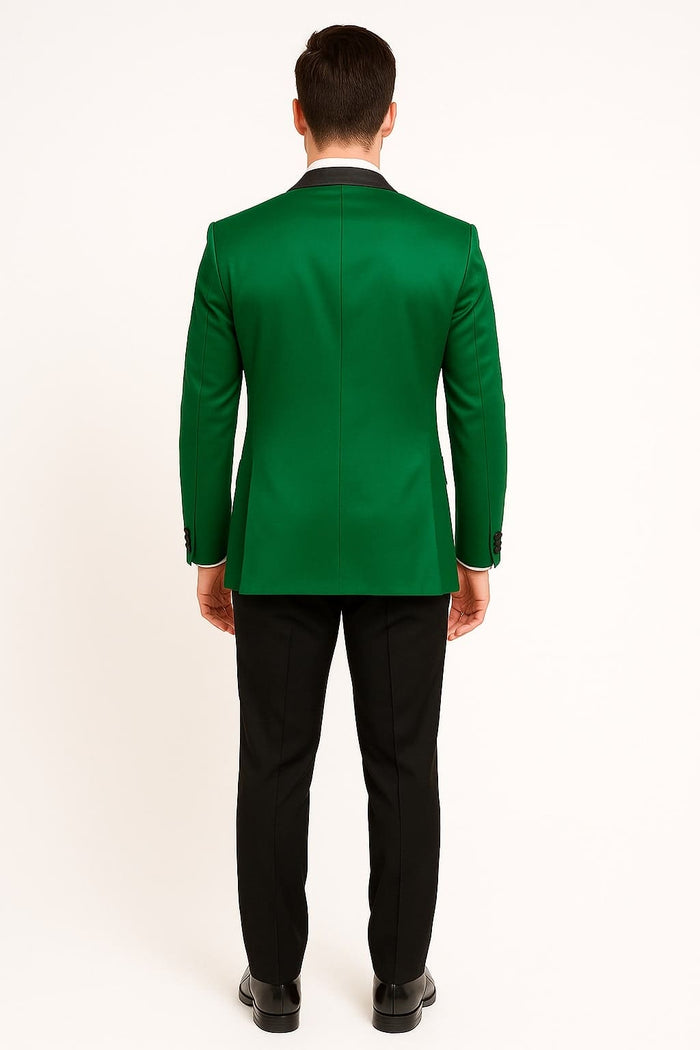 Men's Sateen Emerlad Green Tuxedo Jacket with Black Satin Lapel and Bow Tie â€“ Slim Fit Prom and Party Blazer