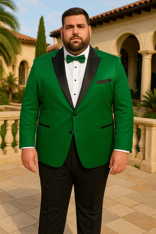 Men's Sateen Emerlad Green Tuxedo Jacket with Black Satin Lapel and Bow Tie â€“ Slim Fit Prom and Party Blazer