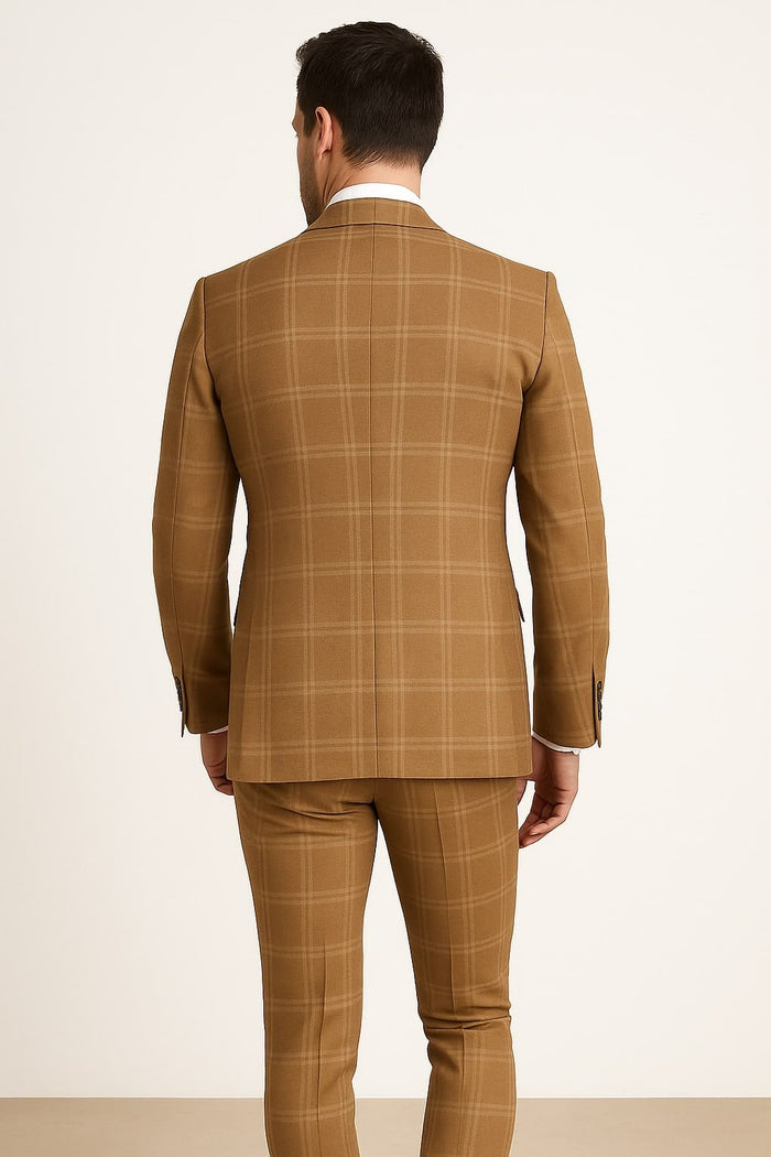 Men's Tan Plaid Double-Breasted Suit â€“ Classic Windowpane Two-Piece Formal Suit - Camel Color Suit By Rossiman
