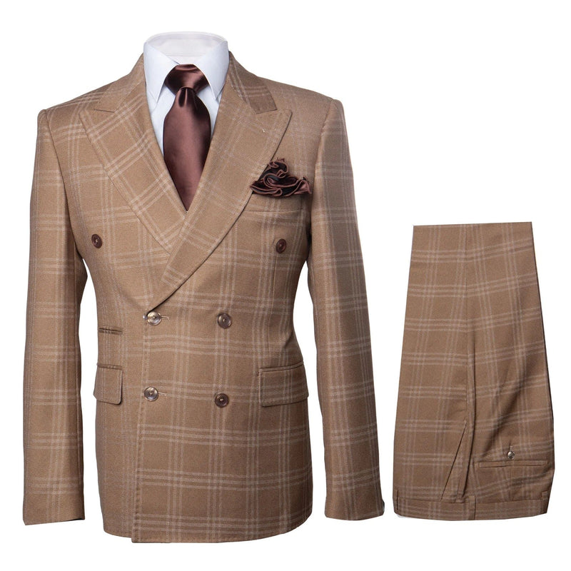 Men's Tan Plaid Double-Breasted Suit â€“ Classic Windowpane Two-Piece Formal Suit - Camel Color Suit By Rossiman
