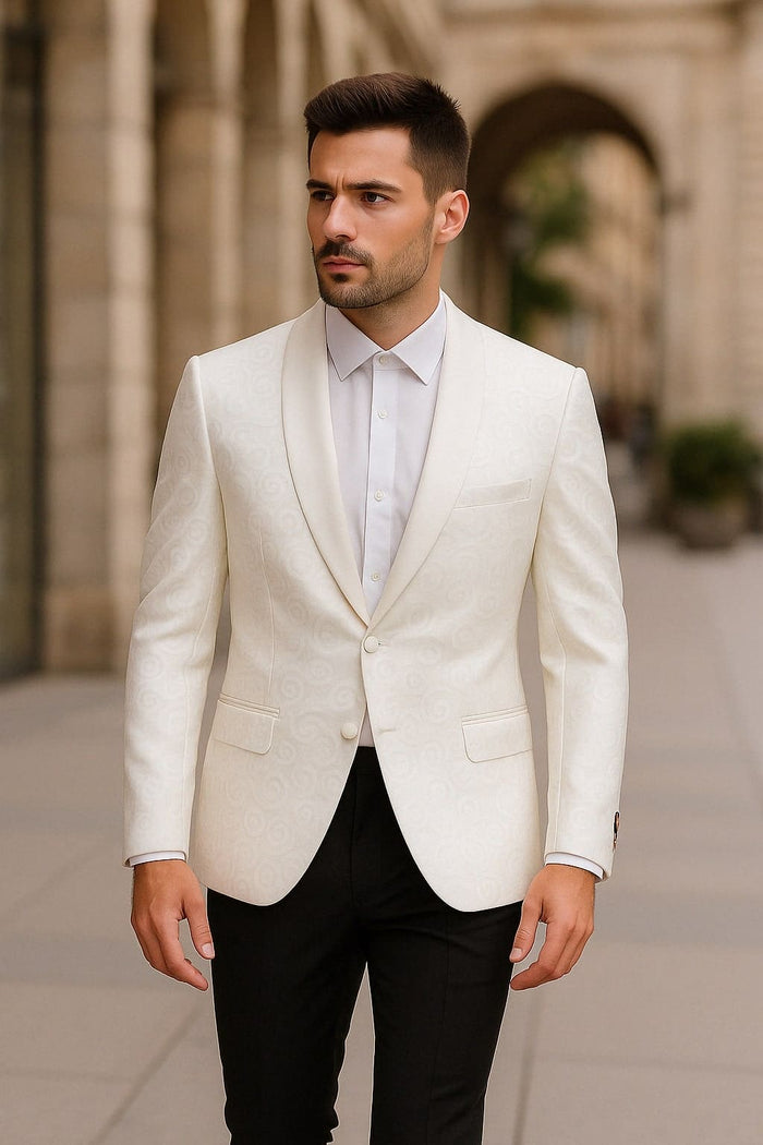 Mens White Tuxedo Dinner Jacket  Swirl Pattern Tuxedo Jacket with White Satin Shawl Lapel - Paisley Pattern